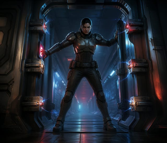 Female Soldier in SciFi Armor Standing in Airlock