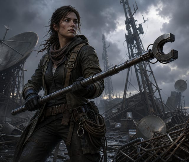 Survivor Holding Staff in Ruined Radio Station