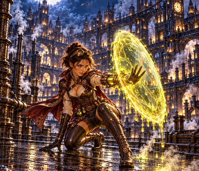 Steampunk Heroine with Magical Shield