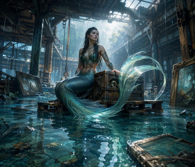 Mermaid Resting in Abandoned Sunlit Warehouse
