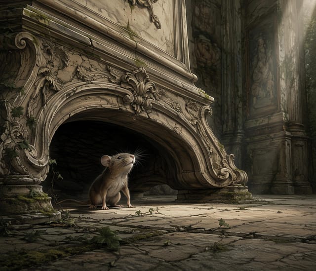 Small Mouse in Ornate Abandoned Hallway