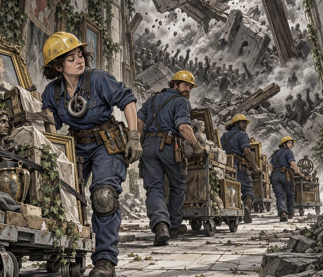 Worker Moving Golden Statues in Ruined City