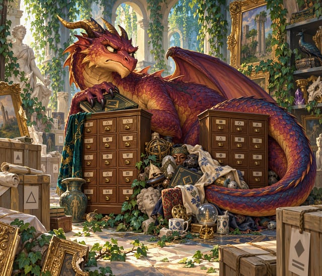 Red Dragon Guarding Ancient Treasure Chests