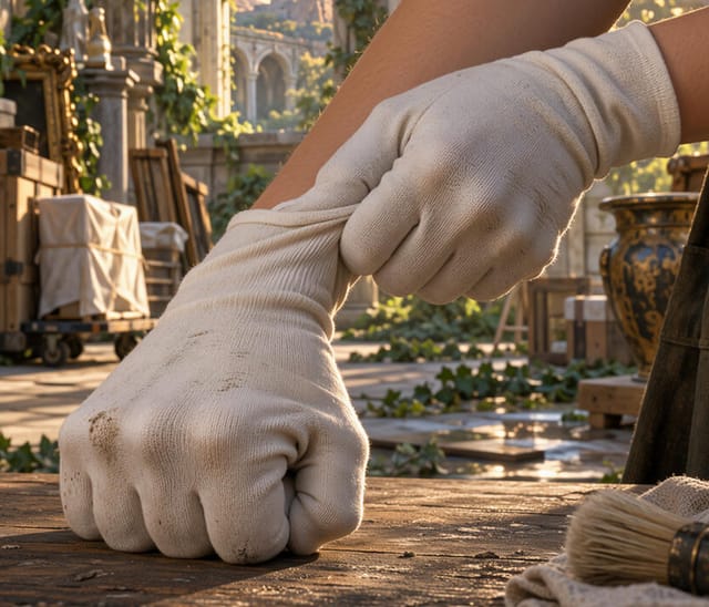 Artist Hands in White Gloves at Studio Desk