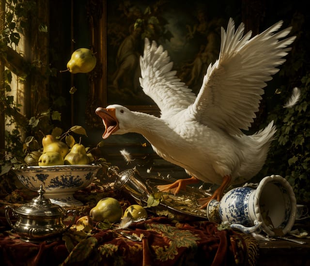White Goose with Pears on Tablecloth