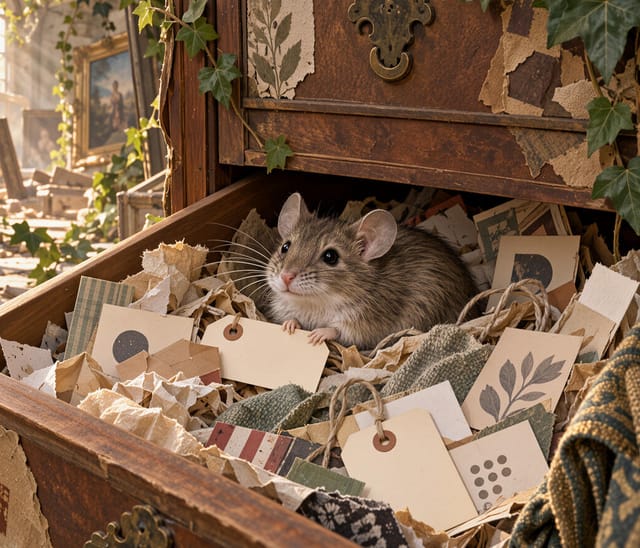 Small Mouse Resting in Vintage Keepsakes