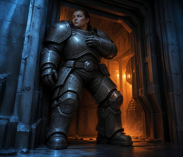 Armored Warrior in Glowing Stone Hallway
