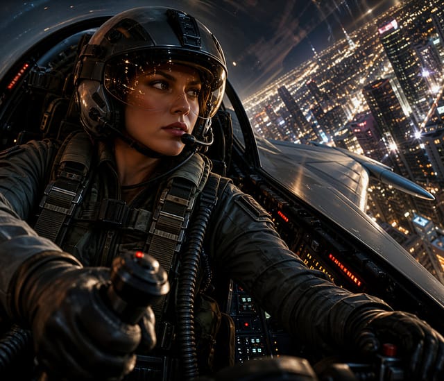 Pilot in Cockpit Over City at Night