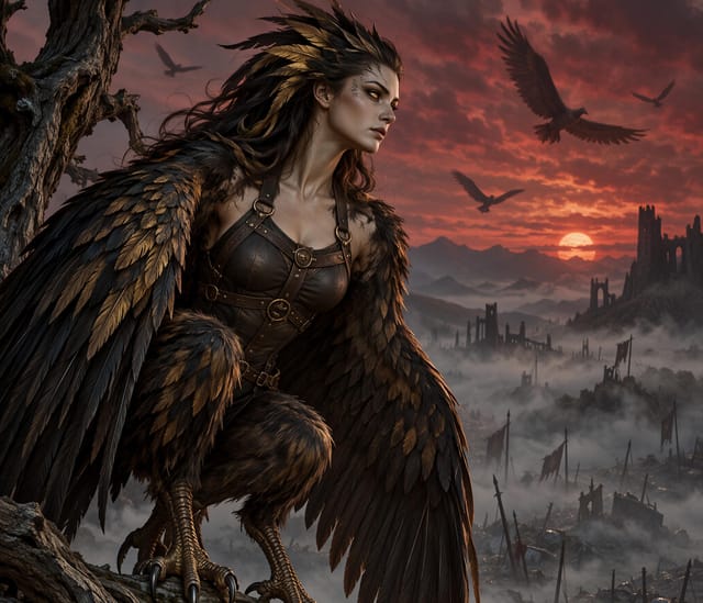 Harpy perched on tree at sunset