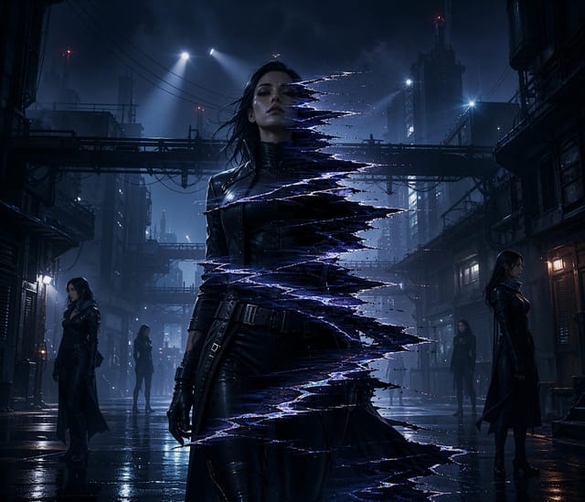 Glitchy Woman in Dark Cyberpunk Cityscape