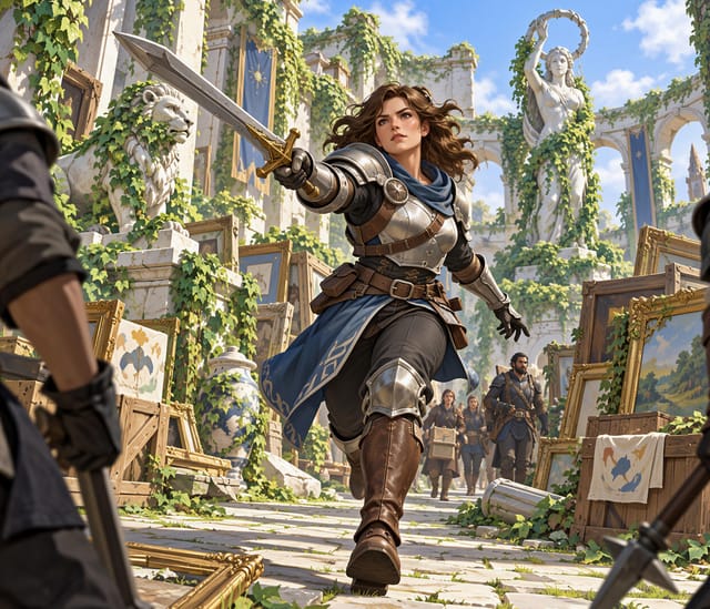 Warrior in Armor Amidst Classical Ruins