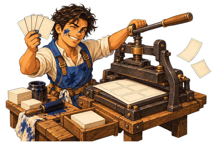 An apprentice printing cards on a small press