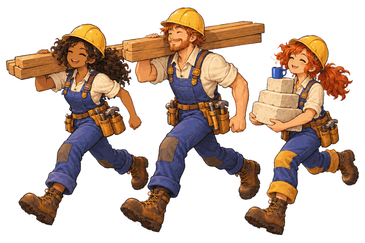 Builders carrying planks and stone
