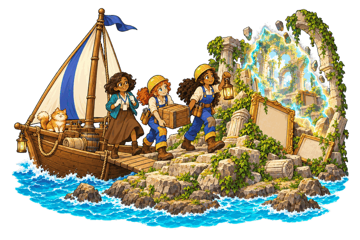 A small ship moored at a rocky islet where a glowing rift shows overgrown ruins, with a crew and a curator stepping ashore