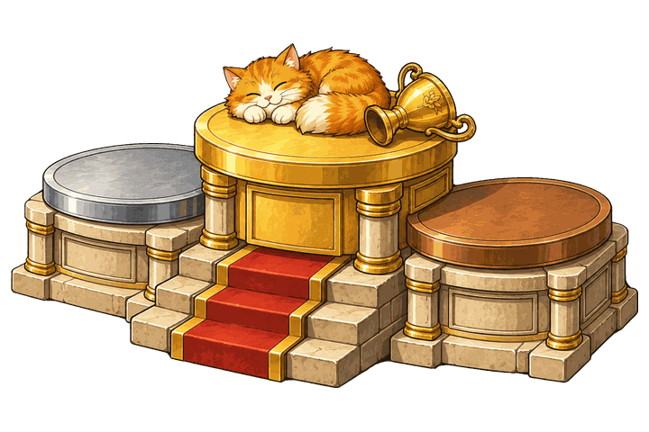 A winners' podium with a cat asleep on the top step