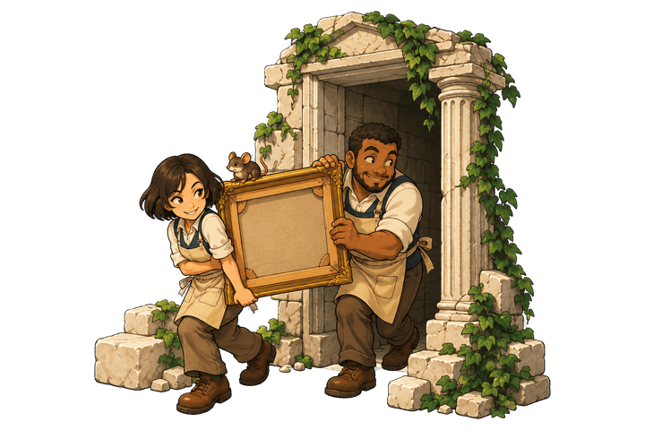 Two gallery workers carrying a painting out of a ruin, a mouse riding on top