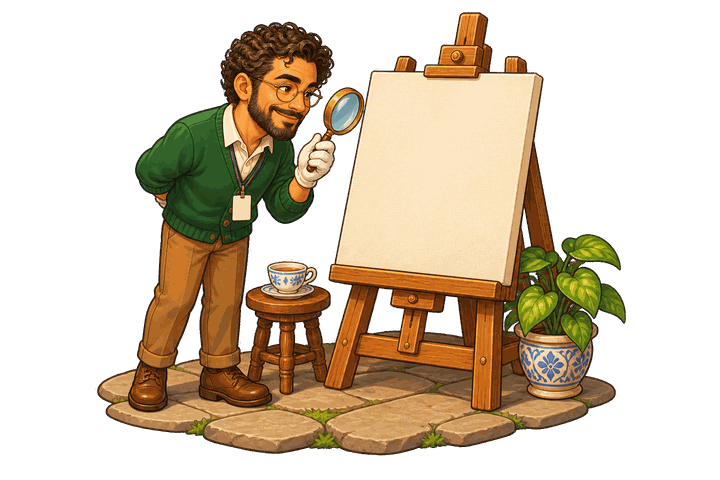 A curator inspecting a blank canvas with a magnifying glass