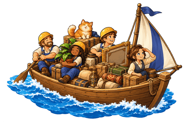 A small sailing boat loaded with settlers and crates